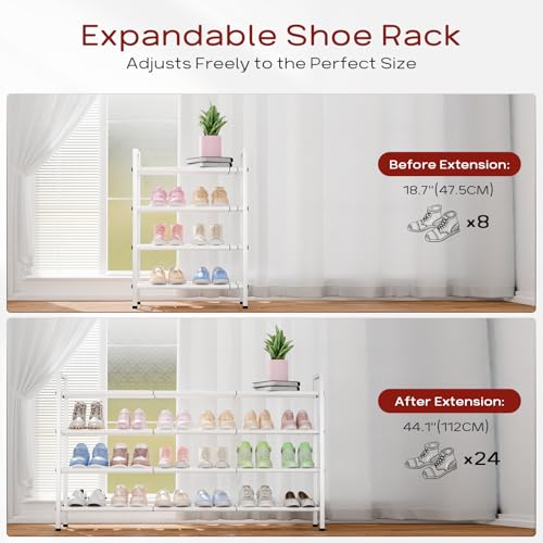 Bumusty 4-Tier Long Expandable Shoe Rack for Closet, 18"-44" Adjustable Shoe Rack for Entryway, 20-24 Pairs Large Shoe Organizer Shelf Storage, Sturdy Metal, White - color: White, size: 4-Tier