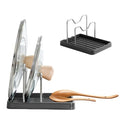 2 in 1 Pot Lid Holder & Spoon Rest for Kitchen Counter, Plastic Utensil Rest with Stainless Steel Pan Lid Holder Organizer While Cooking, Countertop Space Saving Pot Cover Rack | Easy to Clean - color: Gray- 1 Pack