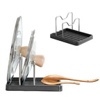 2 in 1 Pot Lid Holder & Spoon Rest for Kitchen Counter, Plastic Utensil Rest with Stainless Steel Pan Lid Holder Organizer While Cooking, Countertop Space Saving Pot Cover Rack | Easy to Clean - color: Gray- 1 Pack