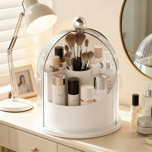 Makeup Brush Holder Organizer with Lid,360° Rotating Makeup Organizer Countertop,5 Compartments Make Up Brush Organizers for Makeup Brushes,Cosmetics,Skincare,Nail Polish,Toothbrush,Dustproof - color: White-Small