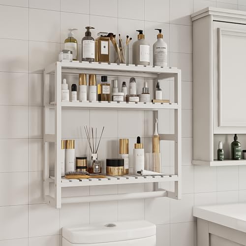 Galood Over The Toilet Storage Bathroom Shelves Wall Mounted 3 Tier Space Saver Corner Shelf Organizer Bamboo Towel Rack Toilet Paper Cabinet with Hanging Rod White - color: White 1pack, size: Standard