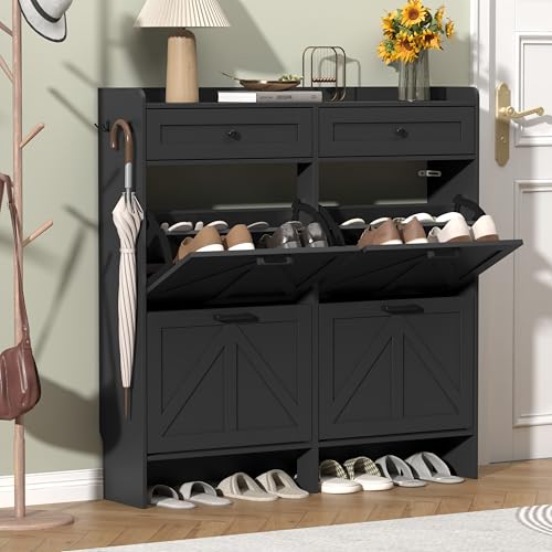 Thacuok Shoe Cabinet with 4 Flip Drawers & 2 Storage Drawers, Rustic Farmhouse Narrow Shoe Organizer Cabinet, Slim Shoe Rack Cabinet, Shoe Storage Cabinet for Entryway, Hallway, Front Door - color: Black, size: 4 Drawers