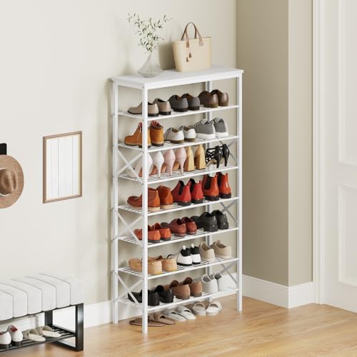 YATINEY 8 Tier Shoe Rack, Shoe Storage Organizer, Large Capacity Shoe Shelf Holds 32 Pairs of Shoes, Sturdy and Stable, for Entryway, Hallway, Closet, Dorm Room, White SS08WW - color: White, size: 27.8" x 10.8" x 52.6"