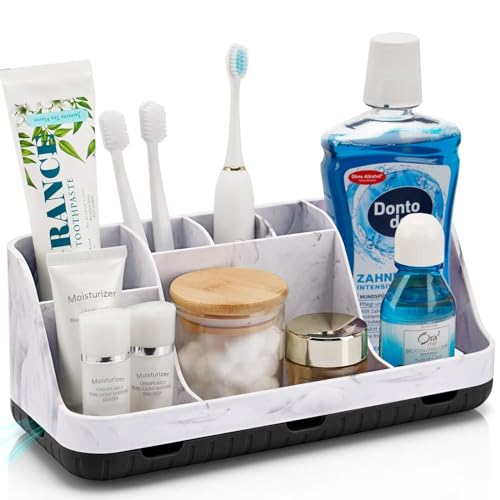 GFWARE Marble Bathroom Countertop Organizer - Detachable 7 Slots Kids Electric Toothbrush and Toothpaste Holde Drainage for Bathroom Accessories Organization Counter Vanity Storage, Black - color: Marble Black