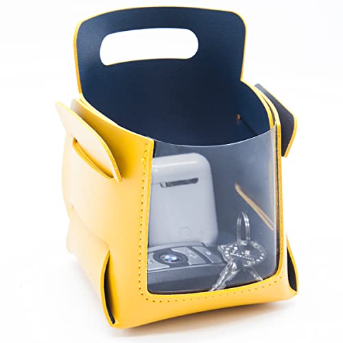 Valet Tray, Key Bowl for Entryway Table with Transparent Window, Small Decorative Holder Basket for Keys, Watches, Coins, Catchall Storage Organizer for Nightstand, Dresser, Yellow/Navy Blue - color: Yellow