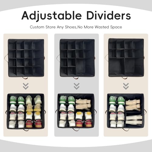 Shoe Organizer Box 2 Pack, Shoe Storage Organizer with Clear Cover, Adjustable Dividers Fits 16-32 Pairs, Fabric Shoe Organizer for Closet, Black - color: 2 Pack - Black