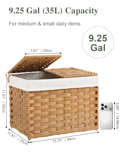 SETVSON Storage Basket with Lid Woven Wicker Baskets with 2 Separate Lid, 9.2 Gallon (35 L) Wicker Storage Bins with Handles, Foldable and 2 Removable Liner Bags for Bedroom, Laundry Room Natural - color: Natural, size: 35L-15.7L*11.8W*11.8H