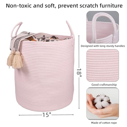 XUANGUO Cotton Rope Laundry Basket Hamper for Girls Kids Baby Nursery Hamper Bin Woven Storage Basket for Living Room Girls room Boho Tall Rope Baskets for Blanket Toys Large light pink - color: pink, size: Regular