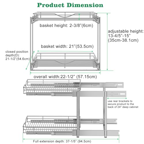 DINDON Pull Out Cabinet Organizer (22-1/2" W x 21-1/2"D), Cabinet Pull Out Shelves, 2 Tier Pull Out Drawers for Kitchen Cabinets, Wire Basket Slide Out Shelf, Pot and Pan Organizer - size: 22-1/2“ W X 21-1/2"D
