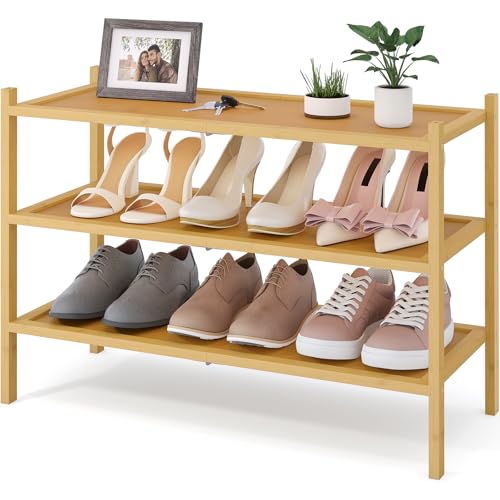 Smiry Bamboo Shoe Rack, 3 Tier Shoe Organizer for Entryway & Closet, Stackable Free Standing Storage Shelf for Shoes, Bags & Plants, Natural - color: Natural, size: 3 Tier-Regular