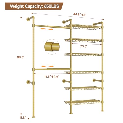 Wall Mounted Garment Rack, Walk-in Closet System with Expandable Rods, Adjustable Shelves, Industrial Pipe Clothing Racks, Hanging Clothes Organizers and Storage, Metal Closet Shelving Wardrobe - color: Gold