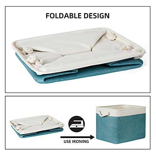 Bidtakay Foldable Storage Bins Set of 2 Tall Cloth Baskets 16" X 11.8" X 11.8" Decorative Organizers for Linen Closet (White & Teal) - color: White&Teal, size: 2 Pack-L-16x11.8x11.8 In