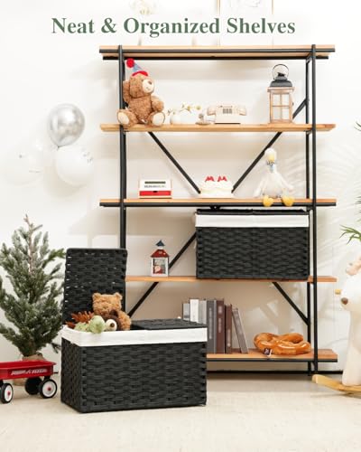 SETVSON Storage Basket with Lid Rattan Woven Storage Baskets with 2 Separate Lids, 17.2 Gallon (65 L), Wicker Storage Bins Foldable, 2 Removable Liner Bags Handles for Bedroom, Laundry Room Black - color: Black, size: 65L-22L*13W*13.8H