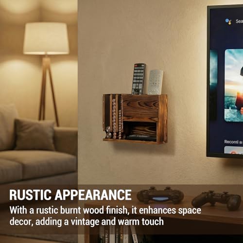 MyGift Wall-Mounted Remote Control Holder with Battery Storage Organizer, 2 Slot TV Remote Caddy, Rustic Burnt Wood, for Office, Home