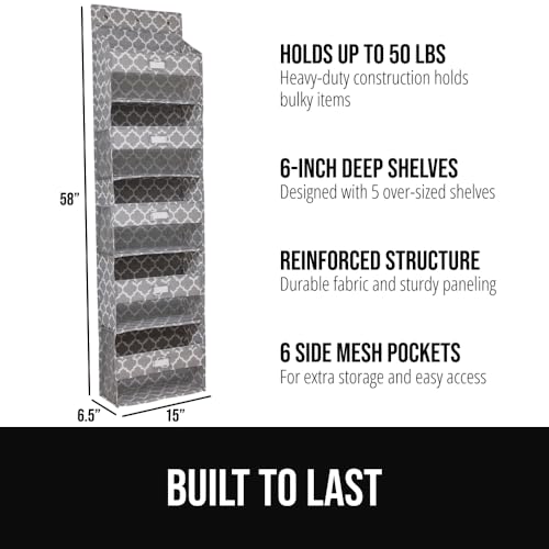 GORILLA GRIP Over The Door Organizer Storage, 5 Deep Hanging Shelves, Holds 50lbs, Closet Organizers Shelf for Bedroom, Shoes, Bathroom, Nursery, Dorm Essentials, 58x15 Inches, Quatrefoil - color: Gray Quatrefoil, size: 5 Shelf