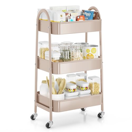 EAGMAK 3 Tier Rolling Cart, Large Metal Storage Cart with Handle and Lockable Wheels, Big Multifunctional Storage Organizer Trolley with Mesh Baskets for Kitchen, Living Room, Office, Garage (Beige) - color: Beige, size: Large