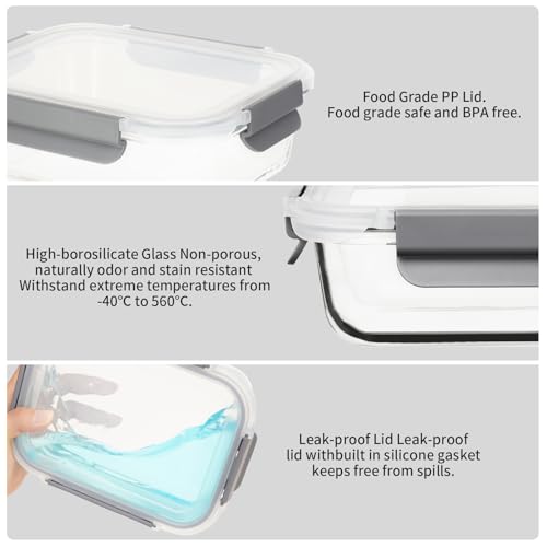 AILTEC 10 Pack Glass Meal Prep Containers, Glass Food Storage Containers with Lids Airtight, Storage Container Set with Lid for Food, Bpa-free, Leak-proof, Microwave Oven Freezer Dishwasher Safe - color: light gray