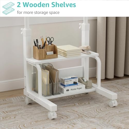 WINAZ Small Bedroom Laptop Rolling Desk - 24" White Mobile Kids Desk with Wheels for Small Spaces, Height Adjustable C Shaped Side Table with 2-Tier Storage Shelves - color: White