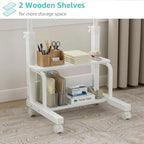 WINAZ Small Bedroom Laptop Rolling Desk - 24" White Mobile Kids Desk with Wheels for Small Spaces, Height Adjustable C Shaped Side Table with 2-Tier Storage Shelves - color: White
