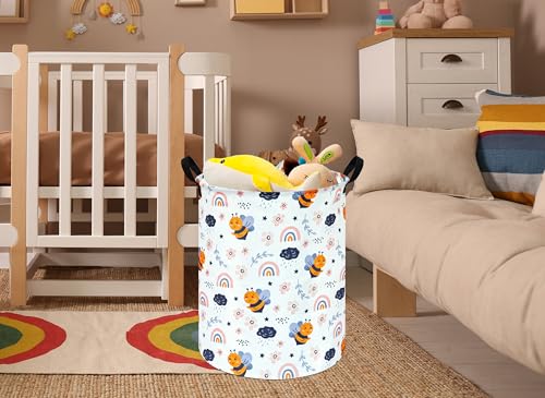 MAIZMZ Rainbow Bee Print Canvas Laundry Basket,Waterproof Storage Bin with Handles 15.7" D×19.7" H Foldable Toy Organizer Decor Gift Basket for Kids' Bedroom & Home Organization - color: Rainbow Bee
