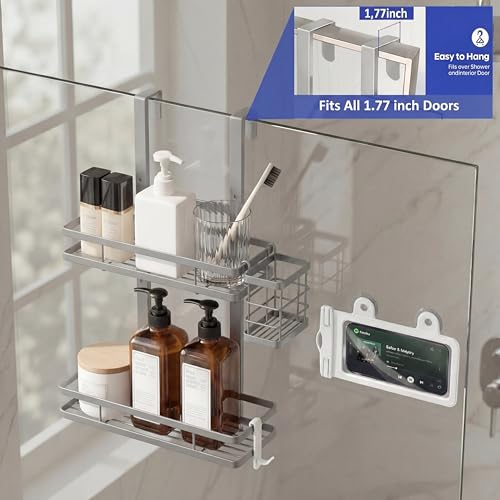 Over the Door Shower Caddy Hanging, Rustproof Shower Shelves with Waterproof Phone Pouch, 2-Tier Adjustable Bathroom Organizers and Storage, No Drilling Shampoo Soap Shelf (Silver 2-Tier) - size: Silver 2-Tier