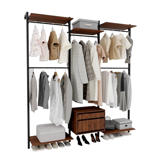 Wall-Mounted Steel & Wood Closet Organizer System with 4 Adjustable Shelves, 5 Hanging Rods, and 2 Drawers – Modern Open Wardrobe, Walnut - color: BC03-walnut