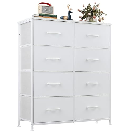 OLIXIS Dresser for Bedroom, 8 Storage Drawers, Tall Large Fabric Storage Tower Organizer, Chest of Drawers with Metal Frame Wooden Top for Nursery, Closet, Living Room, Entryway, Classic White - color: White, size: 11.8"D x 31.5"W x 36.4"H (8 Drawers)