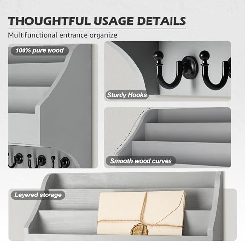 Rebee Vision Pine Wood Key Holder Wall Mount - Farmhouse 3-Tire Mail Holder for Wall with 6 Key Hooks - Multifunctional File Organizer for Home Decor & Entryway (Gray) - color: Gray