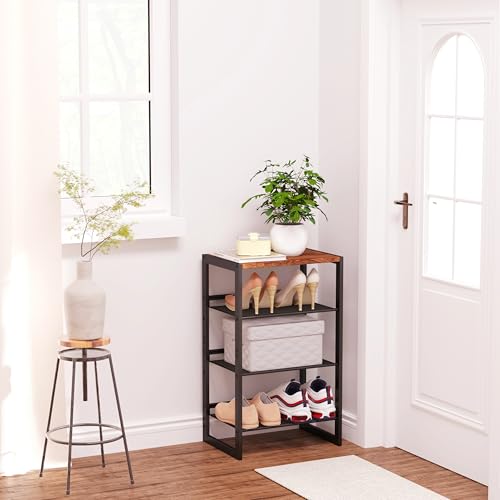 CHEMPFR Narrow 4-Tier Shoe Rack, Slim Space-Saving Shelf with Decorative Wood Top & Steel Mesh, Entryway/Closet/Dorm Organizer, 16.5x11.8x27.9 Inches - size: 4 Tier (16.5″x11.8″x27.9″)