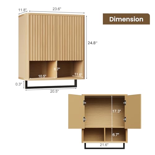 Bathroom Wall Storage Cabinet, Over The Toilet Medicine Cabinet, Hidden Storage & Open Shelves, Small 2-Door Multi-Functional Bathroom Organizer with Towel Bar for Bathroom & Kitchen (Wood) - color: Wood