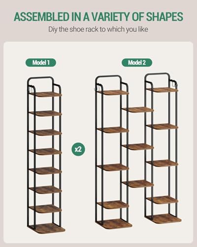 Hzuaneri 8 Tiers Vertical Shoe Rack, Narrow Shoe Tower, Tall Shoes Shelf with 2 Hooks, Adjustable Shelves, Corner Shoes Shelves for Small Spaces, Entryway, Living Room, Rustic Brown SR04301B - color: Rustic Brown and Black, size: 8 Tier(11.8"D x 10.4"W x