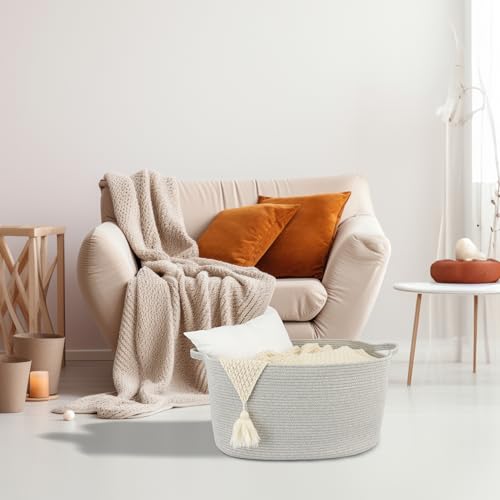 XUANGUO Large Rectangle Blankets Basket Living Room 22"x17"x12" Woven Cotton Rope Storage Baskets for Nursery Toy Baskets for Kids and Dogs Laundry Basket Bin for Clothes Towels grey - color: grey