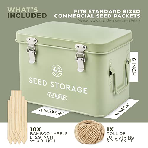 Seed Storage Box – Metal Seed Packet Organizer with Garden String and Bamboo Plant Labels. Seed Container Storage delivering complete Seed Saving Organization for every Garden Lover.