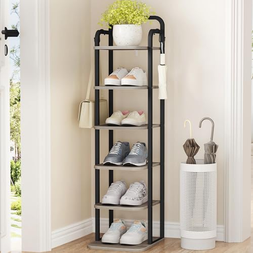 Hzuaneri 6 Tiers Vertical Shoe Rack, Narrow Shoe Tower, Tall Shoes Shelf with 2 Hooks, Adjustable Shelves, Corner Shoes Shelves for Small Spaces, Entryway, Living Room, Greige, SR04205B - color: Greige and Black, size: 6 Tier(11.8"D x 10.4"W x 39.8"H)