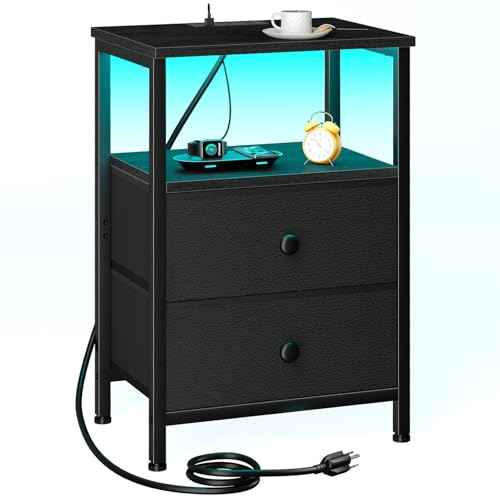 LOAKEKEL LED Night Stand with Charging Station, Small Bedside Table with USB Ports & Outlets, 2 Fabric Storage Drawers with PU Finish for Bedroom, Black, HETS02BK-1 - color: Black, style: Two-drawer