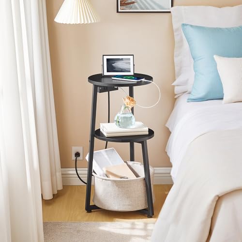 HOOBRO Small Round Side Table with Charging Station, Round End Table with Cotton Linen Storage Basket, Compact Sofa Side Table Nightstand for Small Space, Corner, Living Room, Black BB169UBZ01 - color: Black