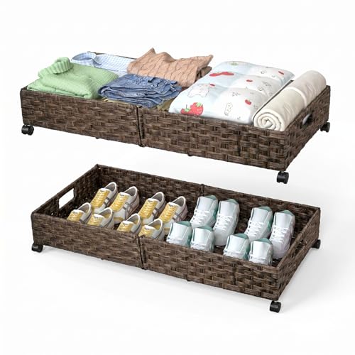 2 Pack Under Bed Storage with Wheels, 40L Large Under Bed Storage Containers with Handwoven Rattan , Rolling Underbed Organizer Bins Drawers for Clothes, Shoes, Blankets, Brown(31.5 x 15.75 x 6.3 In) - style: 2 Pack(A-Brown)
