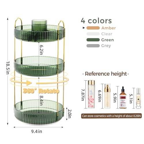 360° Rotating Makeup Organizer, Upgraded 3 Tier Skincare Perfume Organizers for Women, Bathroom Organizer Countertop, Clear Cosmetic Dresser Organizer with Makeup Brush Holder, Sink&Counter (Green) - color: Green, size: 3 Tier