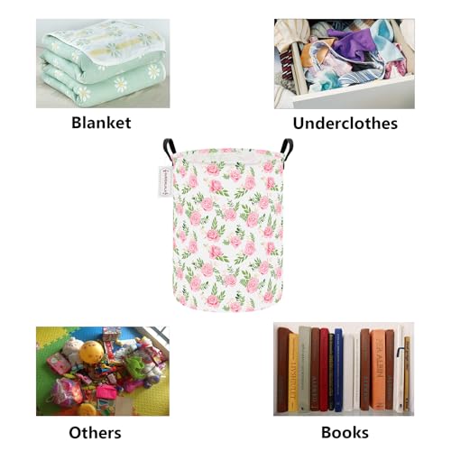 QUEENLALA Large Storage Basket,Laundry Hamper/Bathroom/Home Decor/Collapsible Round Storage Bin,Boys and Girls Hamper/Boxes/Clothing(Round-Pink roses) - color: Round-Pink roses