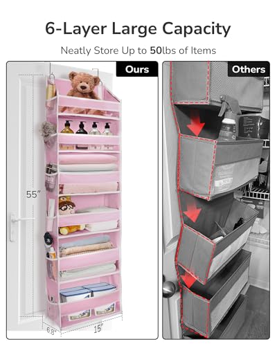 ULG Over The Door Organizer with 6 Large Pockets 12 Side Pockets, 50lbs Weight Capacity Door Hanging Storage Organizer for Bedroom, Bathroom, Pantry, Nursery Storage, Pink - color: Pink, size: 1 Pack