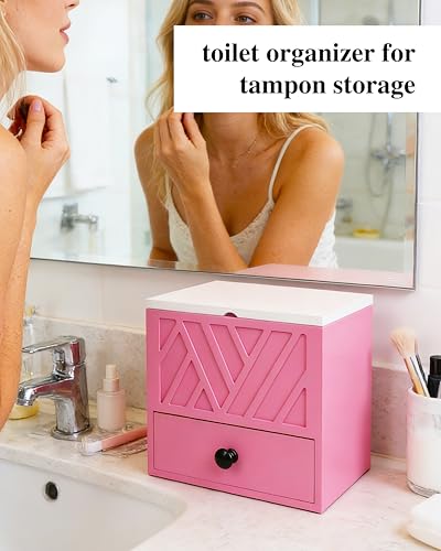 Tampon Holder for Bathroom Decor Feminine Product Organizer With Lid & Drawer Shark Week Box Girl Stuff (1, PINK) - color: PINK