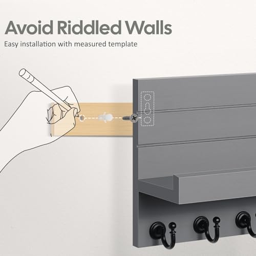 HONJIN Key and Mail Holder for Wall: Rustic Key Hanger Key Rack Organizer with 5 Sturdy Key Hooks for Entryway Bedroom Kitchen House Decor (Grey) - color: Gray