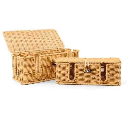 Cable Management Box - 2 Pack Cord Hider Organizer Boxs - Small & Medium Szie Power Cover Cord Box, Handwoven Rattan Cable Organizer for TV Computer USB Hub Power Strips & Cords