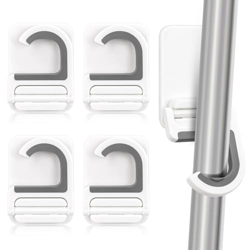 4 Pcs White Broom and Mop Holder Wall Mount Self-Adhesive Anti-Slip Gripper Cleaning Organizer Mop Handle Hanger Multi-Purpose Hook for Household, Home, Kitchen,Bathroom, Garden, Garage Storage
