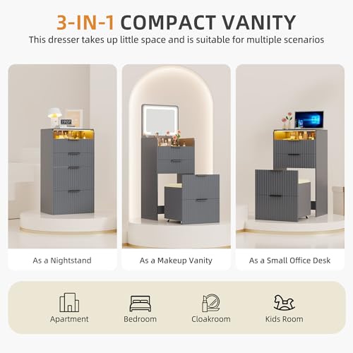 Gurexl Fluted Small Vanity Desk with Mirror and Lights, 3-in-1 Compact Makeup Vanity Set with Hidden Storage Stool, Mini Dressing Table with 3 Drawers, Gift for Little Girls/Kids (Grey) - color: Grey