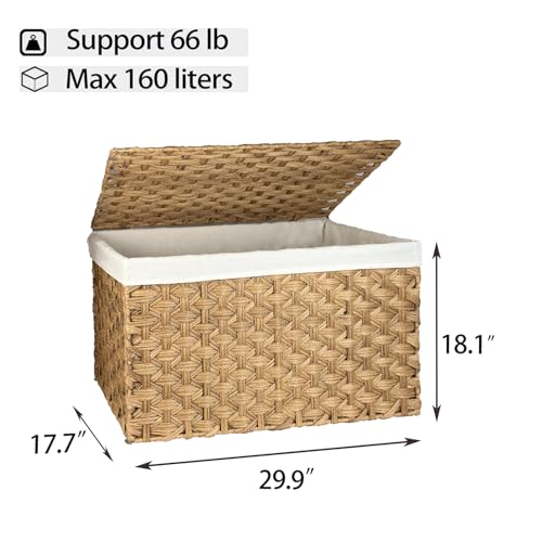 Wicker Storage Basket with Lid, 42.3 Gallon (160L) Large Blanket Basket with Lid, Woven Storage Bin with Handles, Removable Liner, Metal Frame, Foldable, for Bedroom, Laundry Room, Natural - color: Natural, size: 160L:17.7 x 29.9 x 18.1 Inches