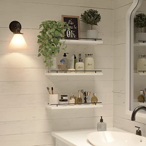 WOPITUES Floating Shelves with Black Metal Guardrail, Shelves for Wall Decor Set of 3, Wall Shelves for Bedroom, Bathroom, Kitchen, Living Room, Plants, Picture Frames, Art- Black and White - color: Black and White, size: 15.7 inch