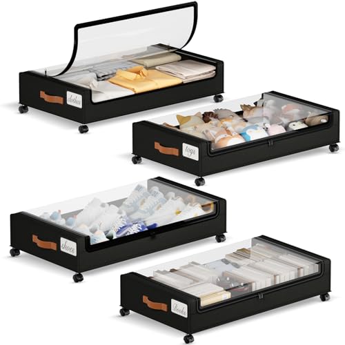 Yecaye Under Bed Storage with Wheels, 4 Pack Under the Bed Storage Containers with Lids & Label, XXL 60L Rolling Underbed Storage Drawers for Clothes, Blankets, Shoes, Black - color: Black, size: 4 Pack