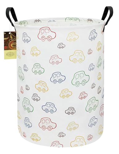 Collapsible Fabric Storage Basket, Waterproof Laundry Hamper with Handles, Round Storage Bin for Clothes Toys, Foldable Organizer for Bedroom Nursery Bathroom(Round-Colorful Car) - color: Round-Colorful Car