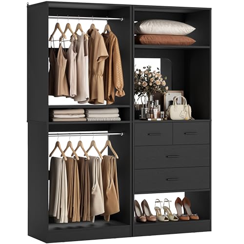 Unikito 50” Closet System with 4 Drawers, 4.2FT Wood Closet Organizer with Hanging Rods and Mirror, Reversible Small Walk in Closet Wardrobe, Adjustable Sturdy Clothes Garment Rack, Set of 2, Black - color: Black, size: 50 Inch